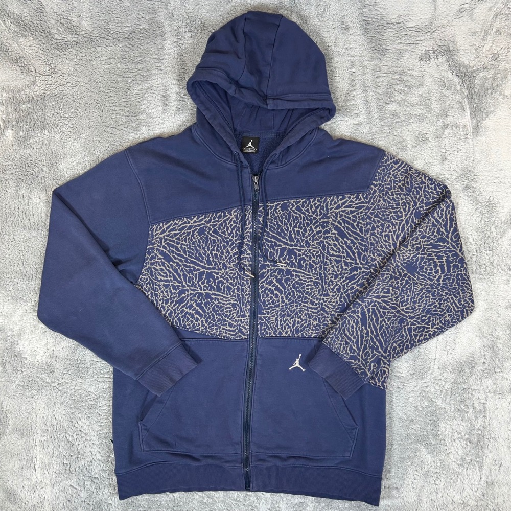Jordan Mens Elephant Print Full Zip Hoodie Navy Blue Jumpman Fleece Medium